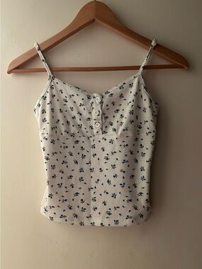 2/$10 White Floral Ribbed Tank Top with Blue Print